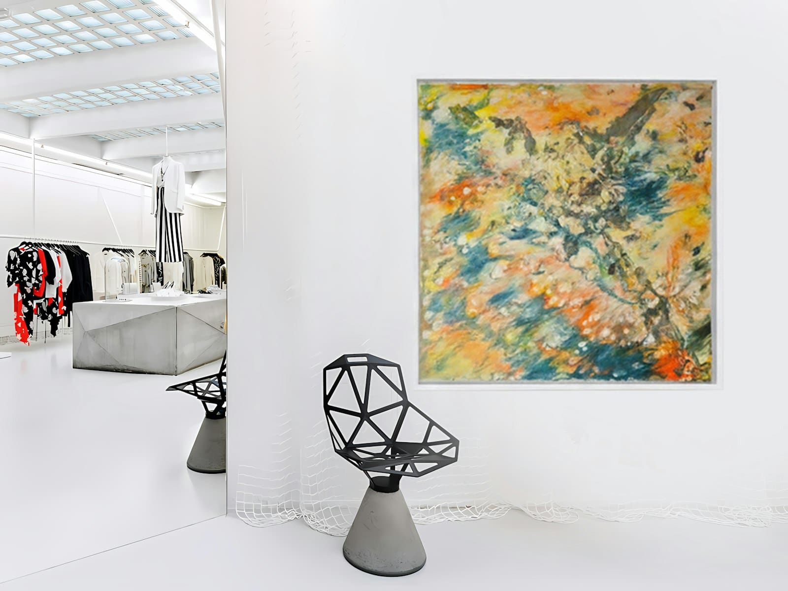 Vivid abstract painting in orange, blue and teal tones on a white gallery wall