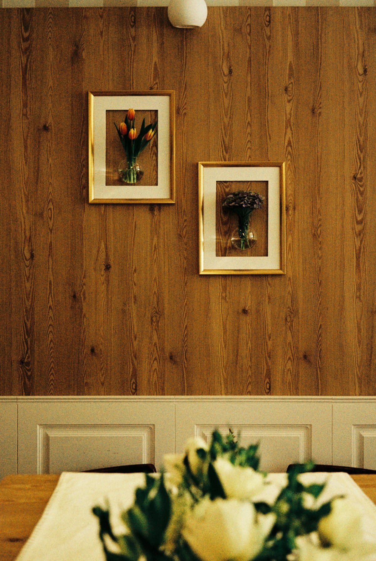 Two gold-framed botanical still-life prints on a warm wood-panelled wall